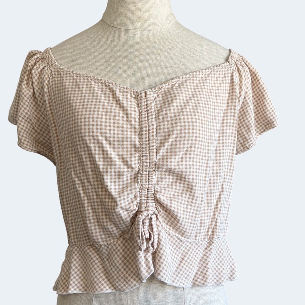 Jayne Tan Gingham Ruched Front Smocked Back Blouse XL Cottagecore Picnic Top